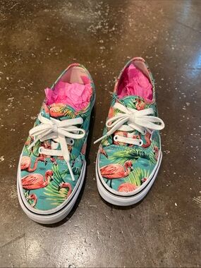 Vans Teal Flamingo Print Canvas Sneakers with Pink Accents